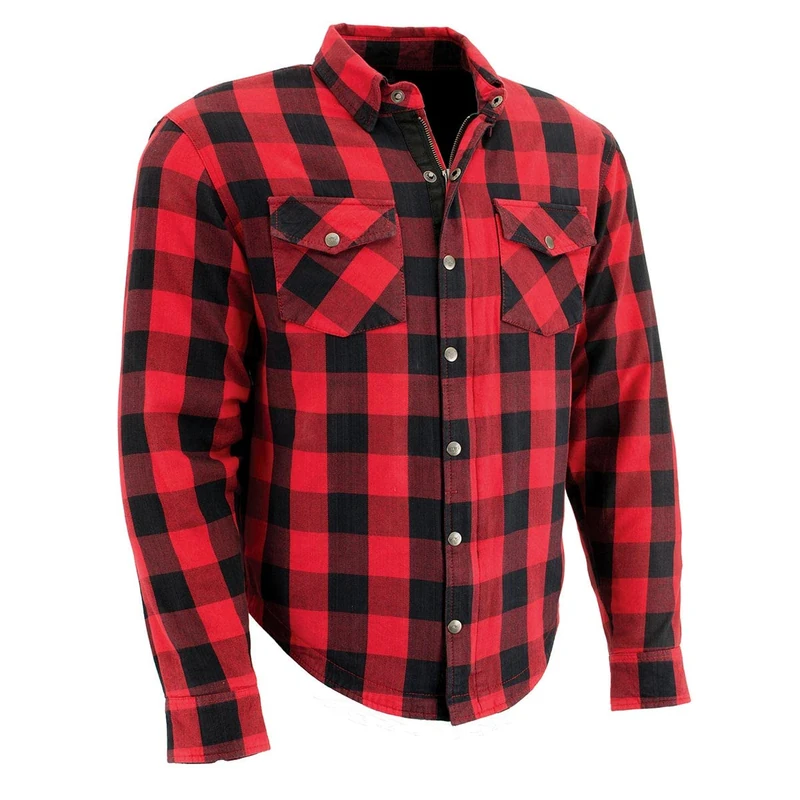 Milwaukee Leather Men's MPM1631 Plaid CE Armored Flannel Biker Shirt, Red, L