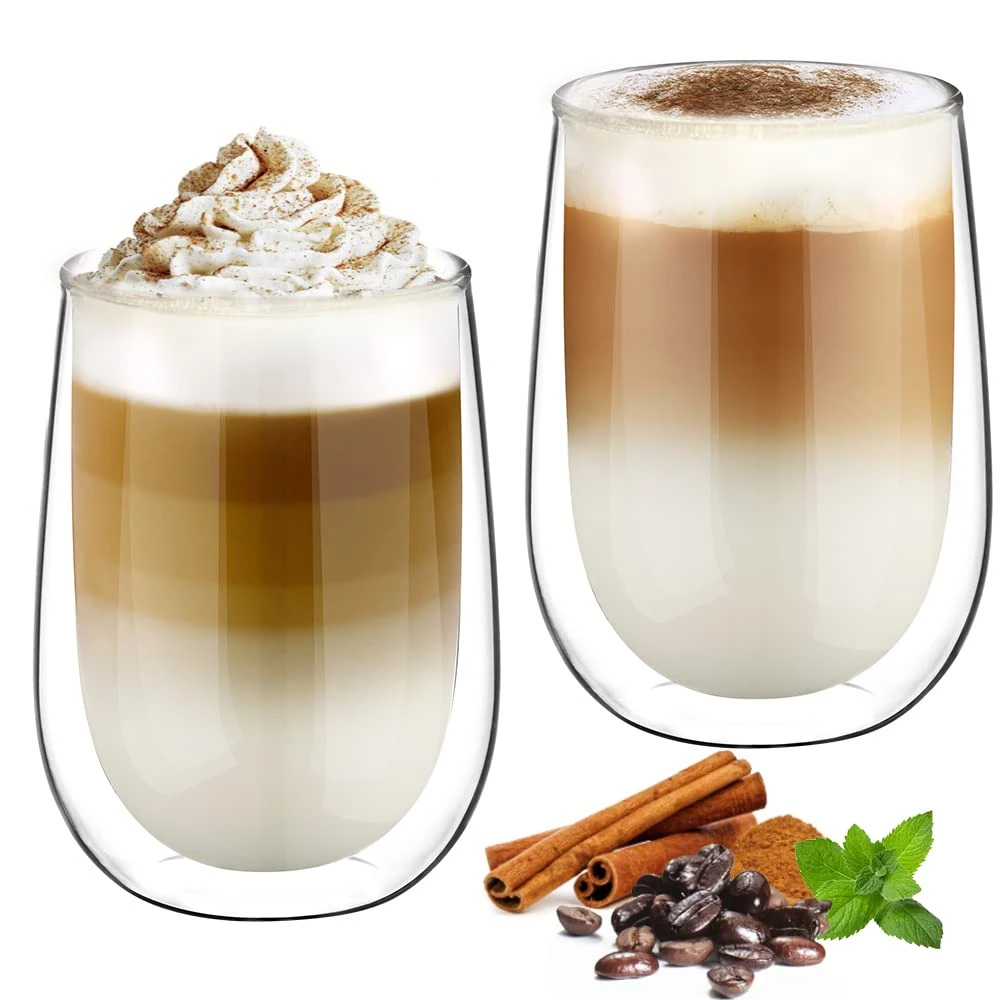 glastal 2x350ml Double Walled Coffee Glasses Mugs Cappuccino Latte Macchiato Glasses Cups for Coffee Tea Milk Juice Ice Cream Borosilicate Heat Resistant Glass Cups