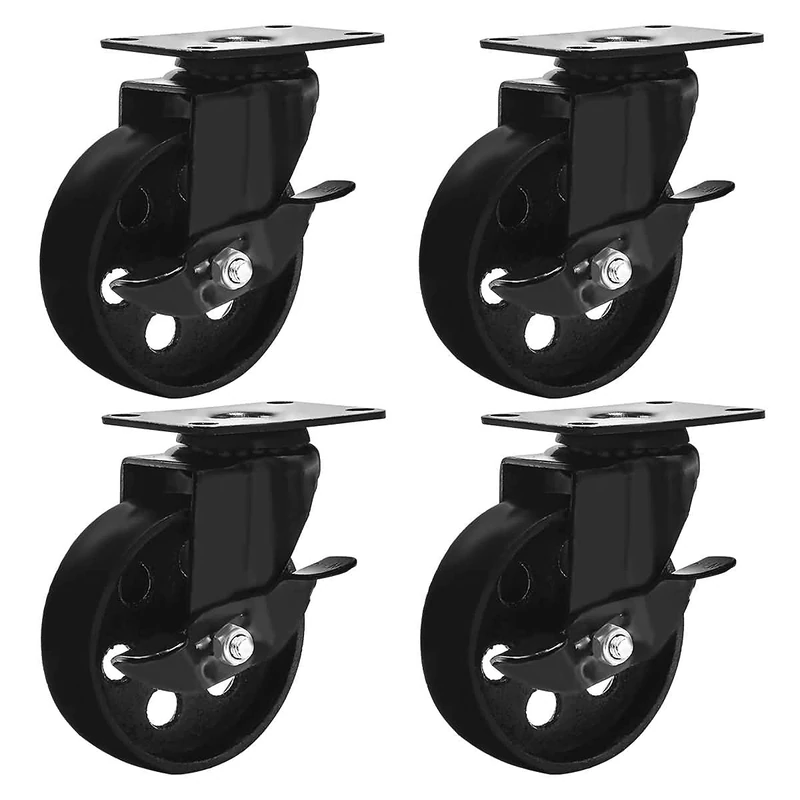 FactorDuty 4 All Black Metal Swivel Plate Caster Wheels w/Brake Lock Heavy Duty High-Gauge Steel (4" with Brake)