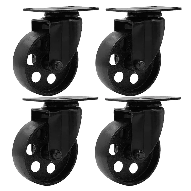 FactorDuty FactorDuty 4 All Black Metal Swivel Plate Caster Wheels Heavy Duty High-Gauge Steel (3" No Brake)
