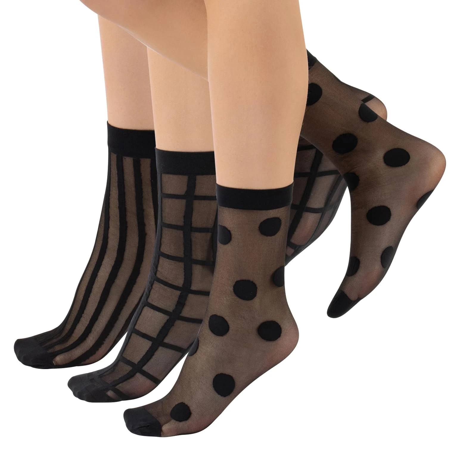 CALZITALY 3 Pairs Women Pop Socks, Sheer Everyday Socks, Patterned Ankle Socks, Polka Dots, Stripes, Geometric, One Size, Made in Italy (Black, One Size)