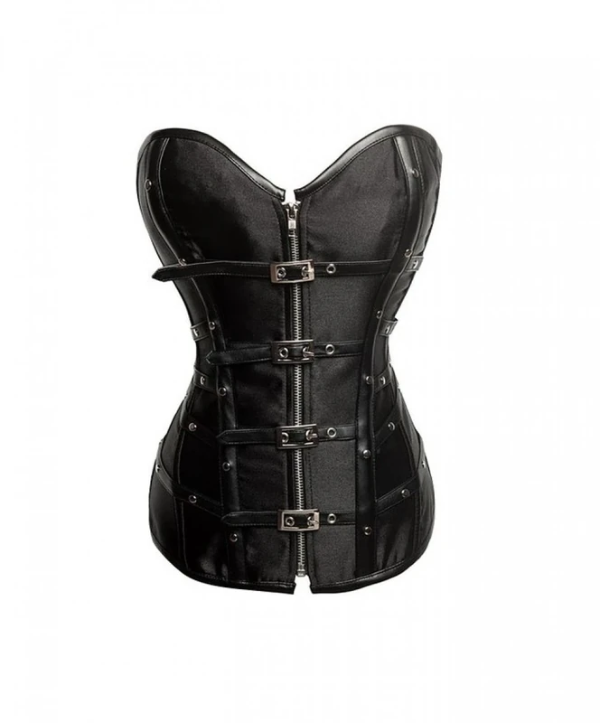 Black Satin Leather Gothic Steampunk Waist Training Basque Long Overbust Corset