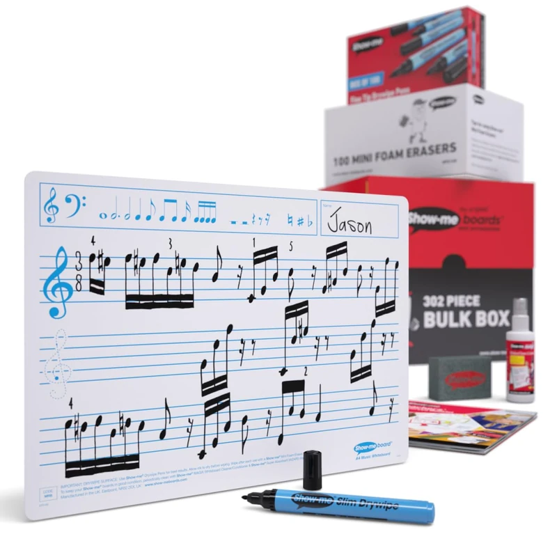 SHOW-ME Bulk Box of 100 x A4 Music Ruled whiteboards, pens and erasers plus 2 free cleaners. - Image 1
