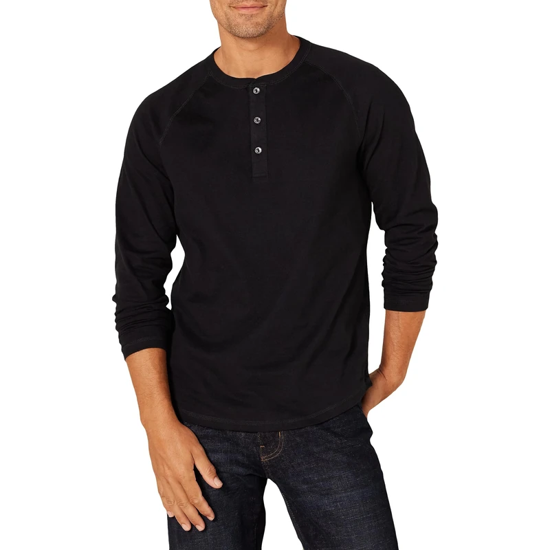 Amazon Essentials Men's Slim-Fit Long-Sleeve Henley Shirt, Black, L