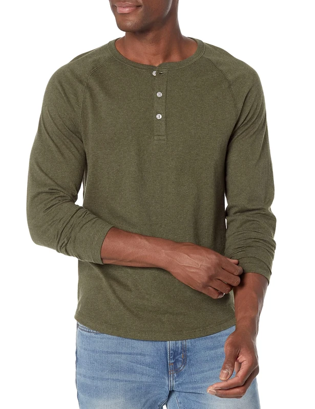 Amazon Essentials Men's Slim-Fit Long-Sleeve Henley Shirt, Olive Heather, L
