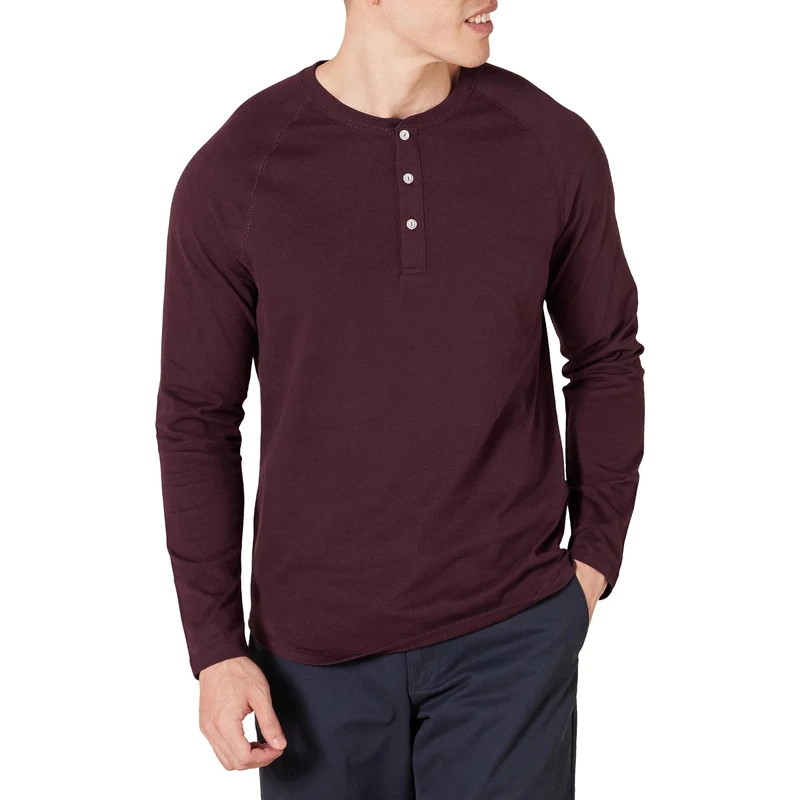 Amazon Essentials Men's Slim-Fit Long-Sleeve Henley Shirt, Burgundy, L