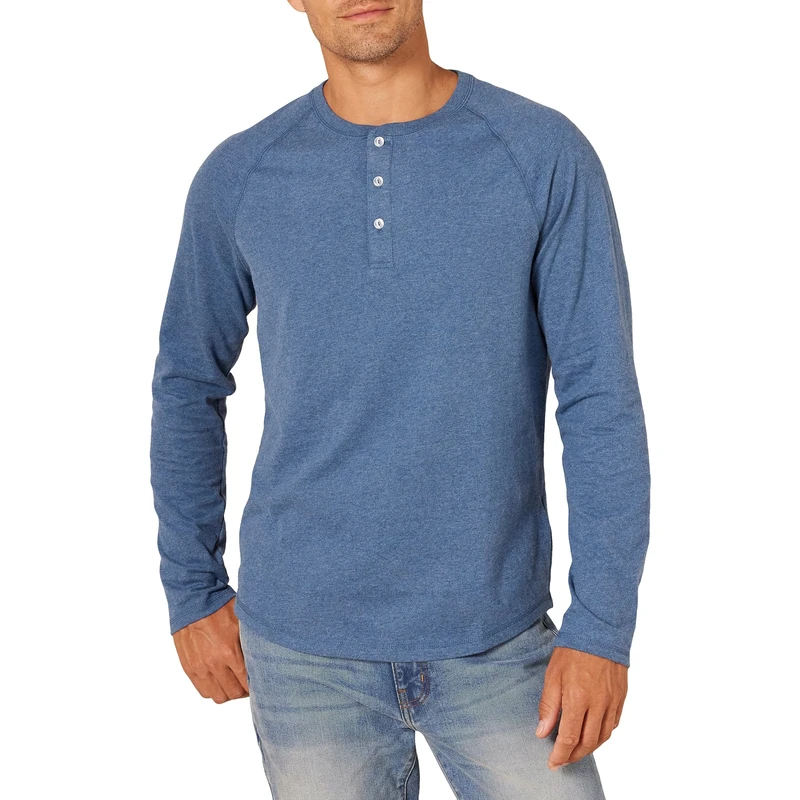 Amazon Essentials Men's Slim-Fit Long-Sleeve Henley Shirt, Blue Heather, L