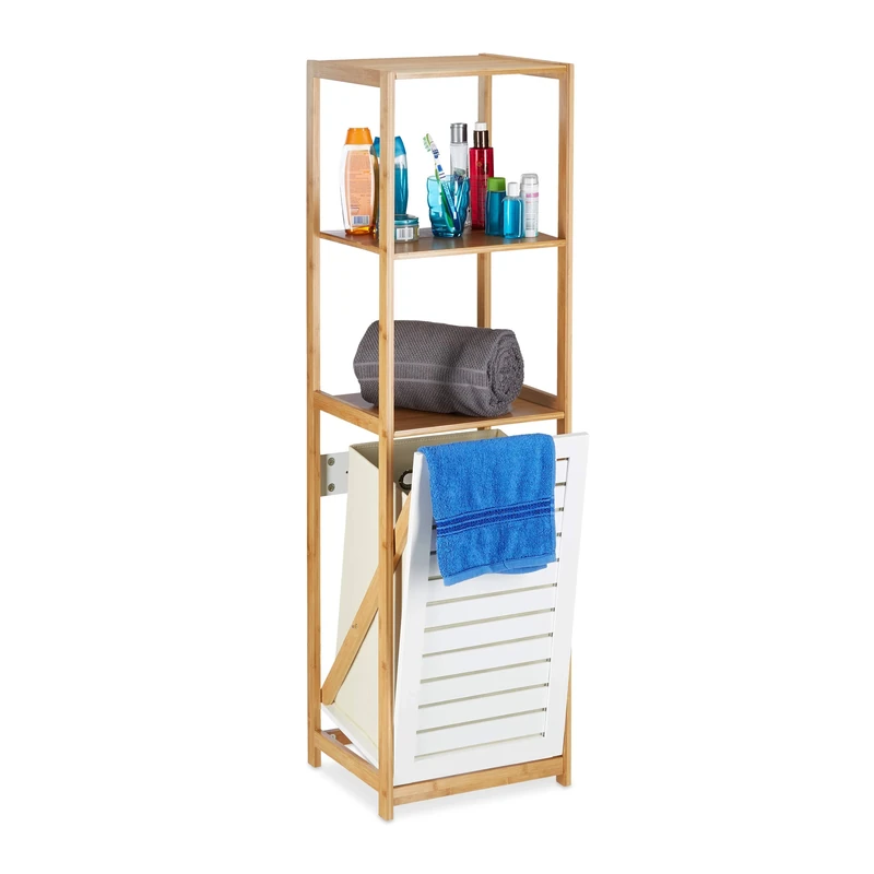 Relaxdays Bathroom Shelf with Laundry Hamper, Narrow, Freestanding, 3 Compartments, HxWxD: 130 x 37 x 33 cm, Natural