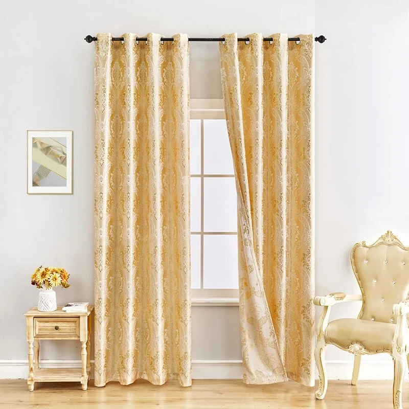 ELKCA Jacquard Luxury Gold Curtains Drapes Window Curtains for Living Room Bedroom Curtain,Grommet Top,2 Panles (Damask-Golden, 52" W x 84" L)