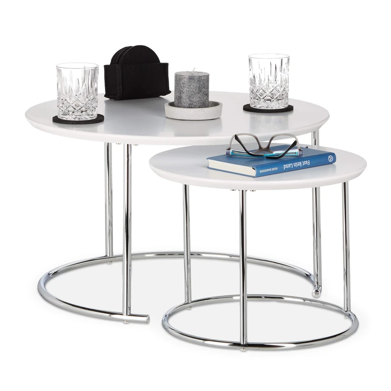 Relaxdays Round Side Tables Set of 2, Small Matt Coffee Table, Nesting Tables, Wood and Metal, Chromed, 60x60 cm, White