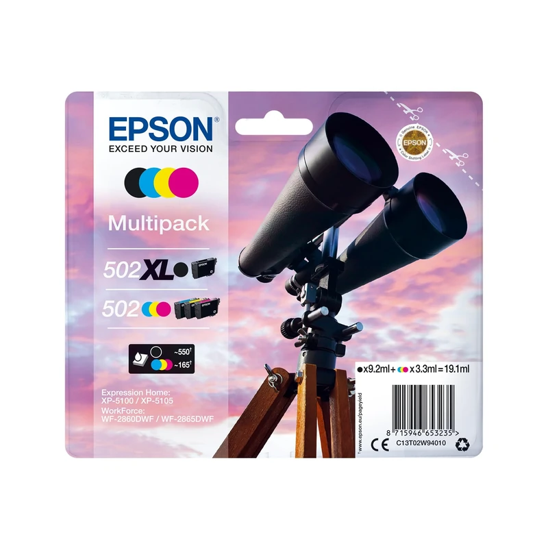 Epson Multipack of 502XL Ink Cartridges with 4 Colours (Original, Pigment Ink, Black, Cyan, Magenta, Yellow, 4 Pieces, Ink Jet Printing)