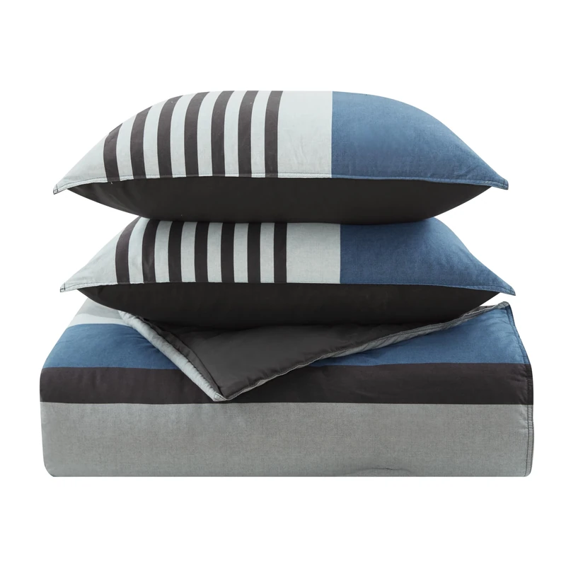 Nautica | Rendon Collection Set-100% Cotton Cozy & Soft, Durable & Breathable Striped Comforter with Matching Shams, Queen, Charcoal