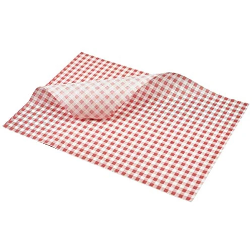 Genware Red Gingham Greaseproof Paper 35 x 25cm - Pack of 1000 - Food Sheets, Food Basket Lining