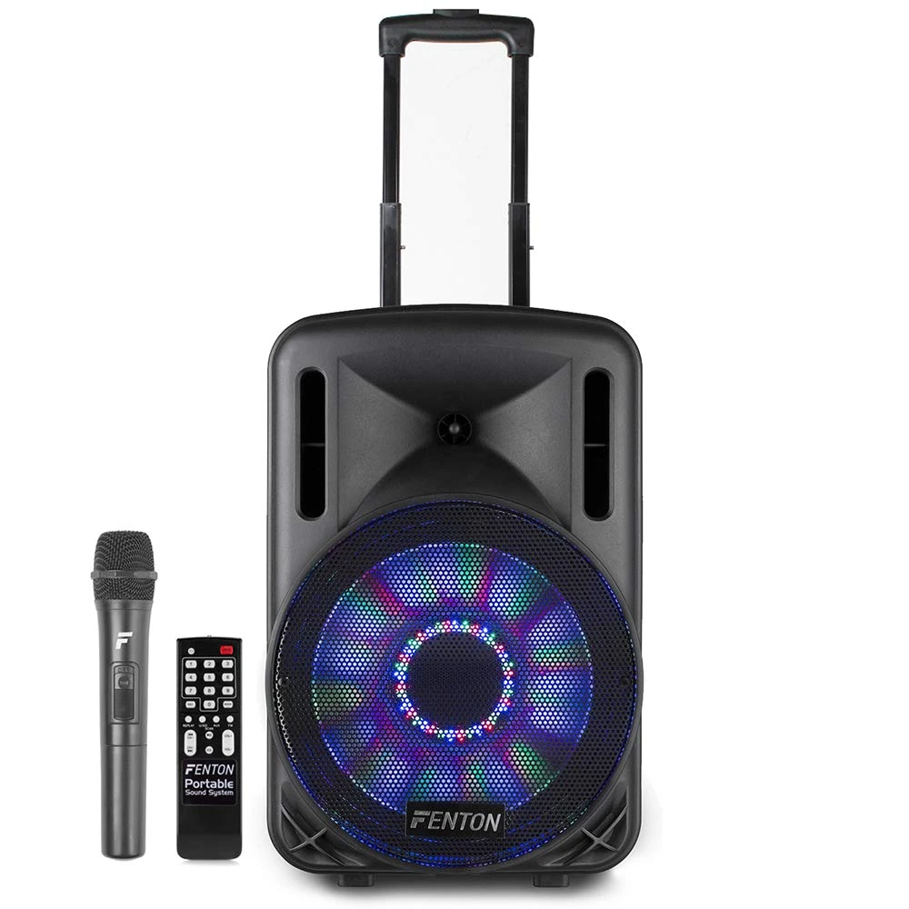 Fenton FT12LED 12-Inch Bluetooth Active Speaker with Wireless Mic, Battery Powered Portable PA System, LED Disco Light, Powerful Sound for Stage, Events, DJ and Karaoke