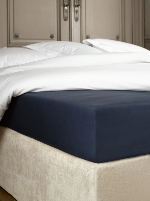 De Witte Lietaer Bumblebee Luxury Percale Cotton Fitted Sheet, Cotton, Bleu Marine Encre, 160 x 200 x 40 cm - Image 1