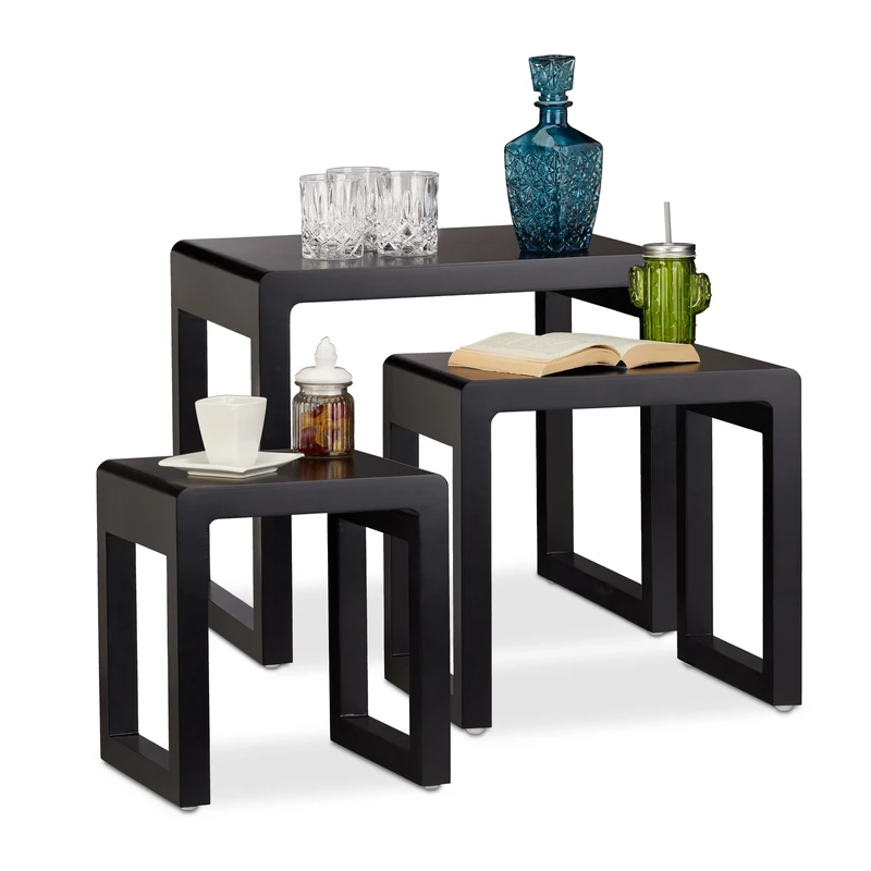Relaxdays Nesting Tables Set of 3, Stacking End Tables, Painted Wooden Nested Tables, Elegant, Black