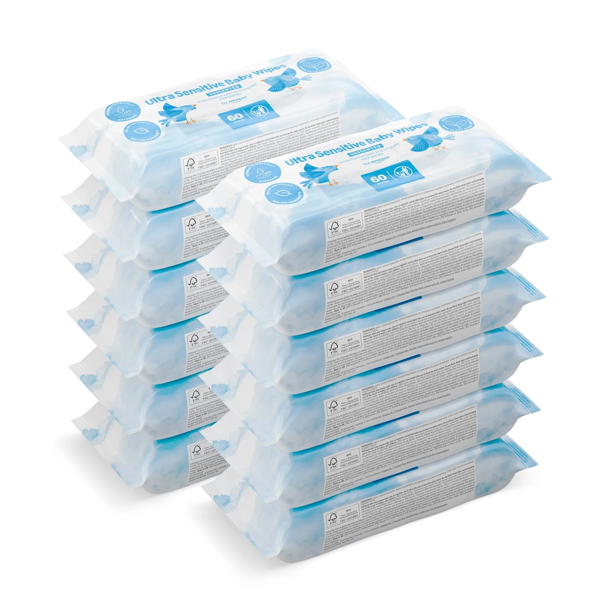 by Amazon Ultra Sensitive Baby Wipes, 99% Water, 720 Wipes, Unscented, 12 Pack of 60, (Previously a Mama Bear brand, same product)