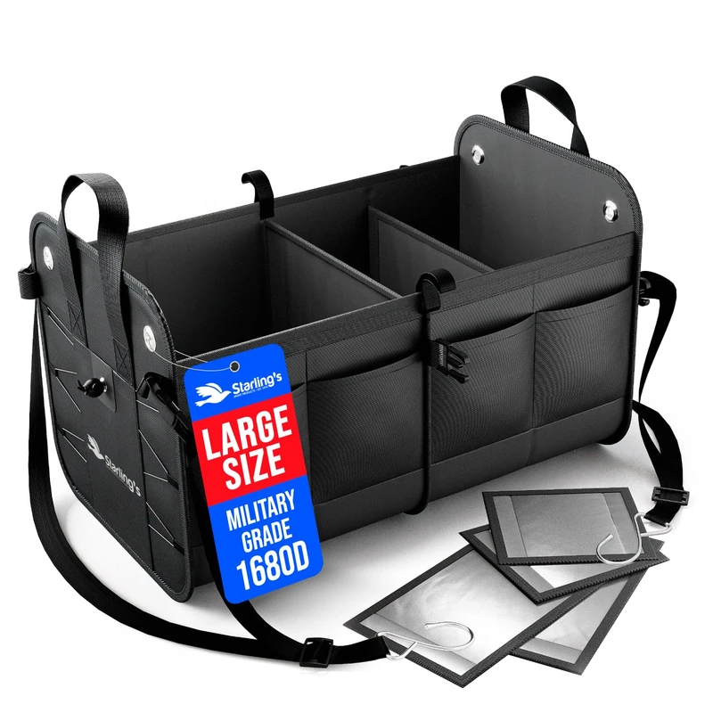 Starling's Car Boot Organiser Bag - Car Trunk Organiser Black: Tidy Organization, Super Strong&Durable, Collapsible, Storage Box For Auto, Truck, SUV - Adjustable Compartments, Antislip, Waterproof