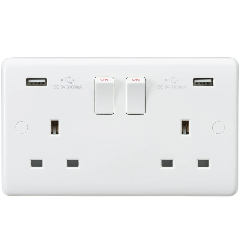 Knightsbridge CU9904 Curved Edge 13 A 2 Gang Switched Socket with Dual USB Charger, 230 V, White