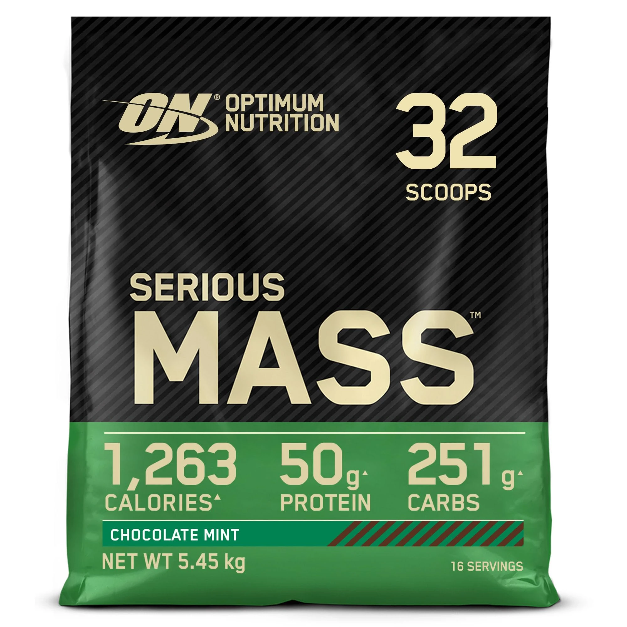 Optimum Nutrition Serious Mass Protein Powder with Creatine, Glutamine, 25 Vitamins and Minerals, Chocolate Mint Flavour, 16 Servings, 5.45KG