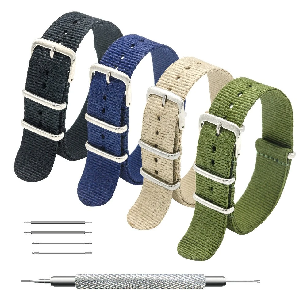 MEGALITH Nato Strap 4/8 Packs 16mm 18mm 20mm 22mm 24mm Ballistic Nylon Watch Bands Swiss Zulu Straps Stainless Steel Buckle with 4 Top Spring Bars and Spring Bar Link Pin Remover Tool