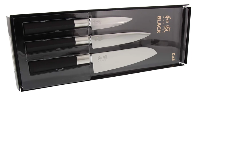KAI Wasabi Black Knife Set - Utility Knife 10 cm, Utility Knife 15 cm, Santoku 16.5 cm - Polished 6A/1K6 Stainless Steel 58 (±1) HRC - Black Polypropylene Handle - Made in Japan