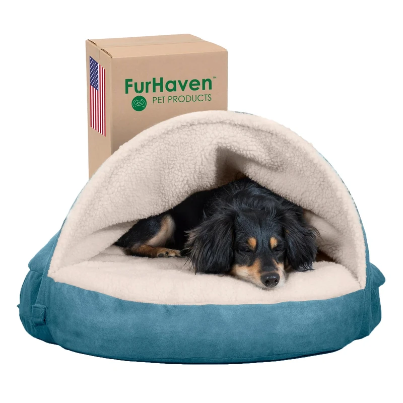 Furhaven 26" Round Cooling Gel Dog Bed for Medium/Small Dogs w/Removable Washable Cover, For Dogs Up to 30 lbs - Sherpa & Suede Snuggery - Blue, 26-inch