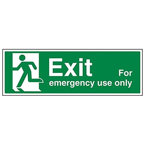 Vsafety 21014BP-G'Exit For Emergency Use Only Man Left' Sign, 600 mm x 200 mm (Pack of 3) - Image 1