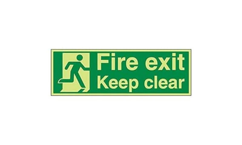 Vsafety 14011BP-G'Fire Exit Keep Clear' Sign, Landscape, 600 mm x 200 mm (Pack of 3) - Image 1
