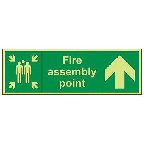 V Safety 17023BP-G'Fire Assembly Point Arrow Up' Sign, Landscape, 600 mm x 200 mm (Pack of 3)