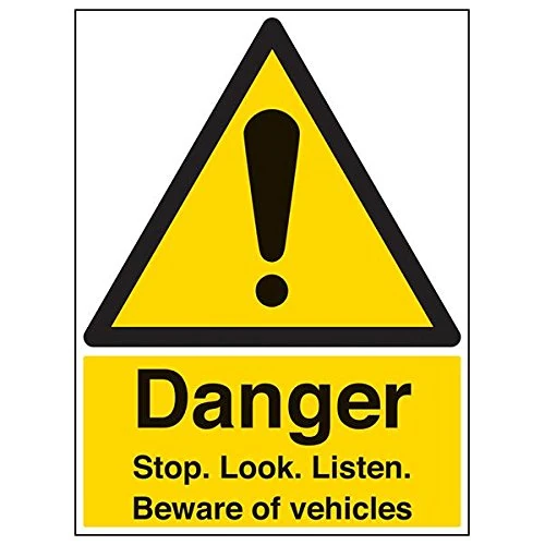 V Safety 64004BL-R'Danger Stop, Look, Listen/Beware Vehicles' Sign, 450 mm x 600 mm (Pack of 3)