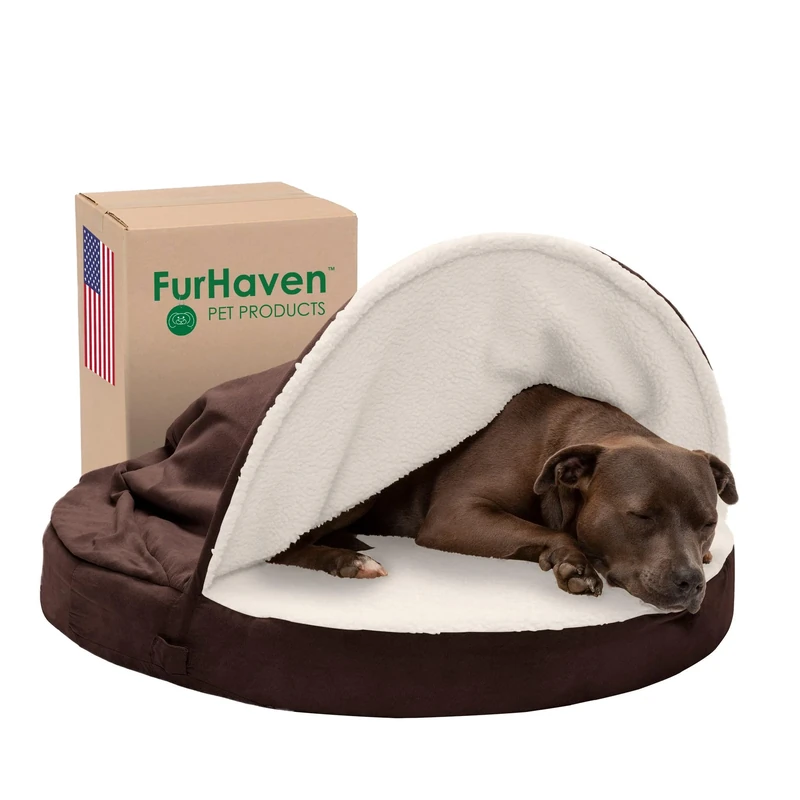 FurHaven 35" Round Cooling Gel Dog Bed for Large/Medium Dogs w/Removable Washable Cover, For Dogs Up to 50 lbs - Sherpa & Suede Snuggery - Espresso, 35-inch