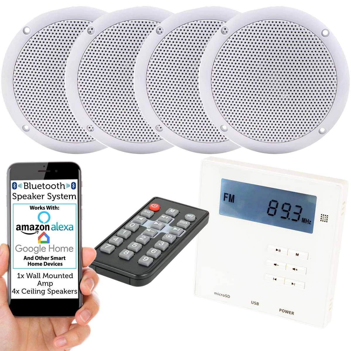 Loops Wall Mounted Micro Bluetooth Amplifier & 4 Ceiling Speaker Kit Stereo HiFi Music