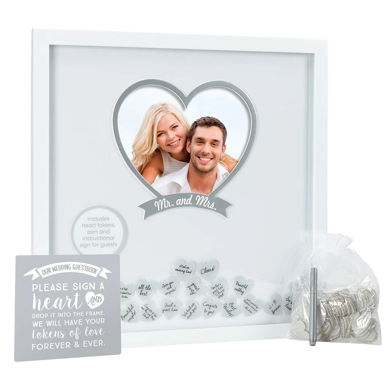Pearhead Book Keepsake Wedding Wishes Photo Frame 150 Heart-Pieces Guests to Sign, Wedding Guestbook Frame, Wood, Alternative Guest Book, Wedding Gift