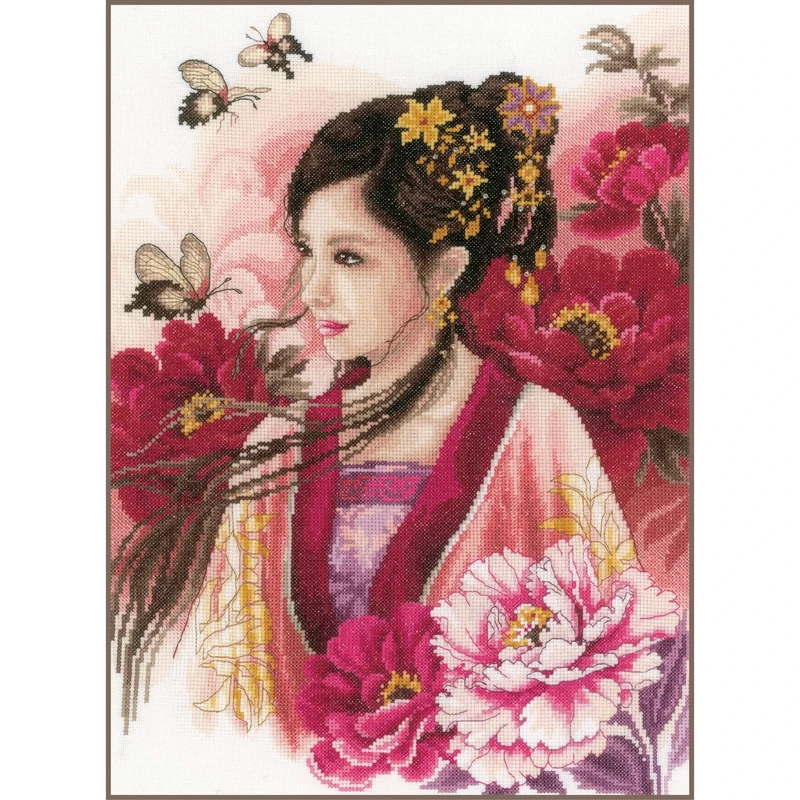 Lanarte Counted Cross Stitch Kit: Asian Lady in Pink (Evenweave), Cotton, NA, 30 x 41cm