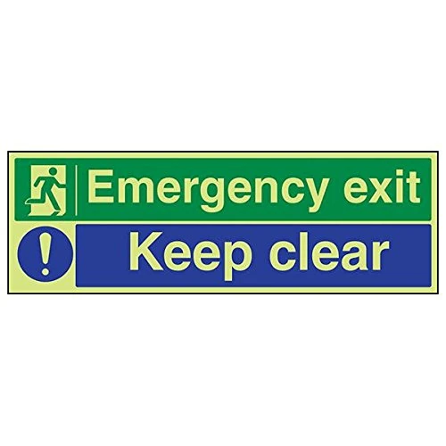 Vsafety 21011BP-G'Emergency Exit/Keep Clear' Sign, Landscape, 600 mm x 200 mm (Pack of 3)
