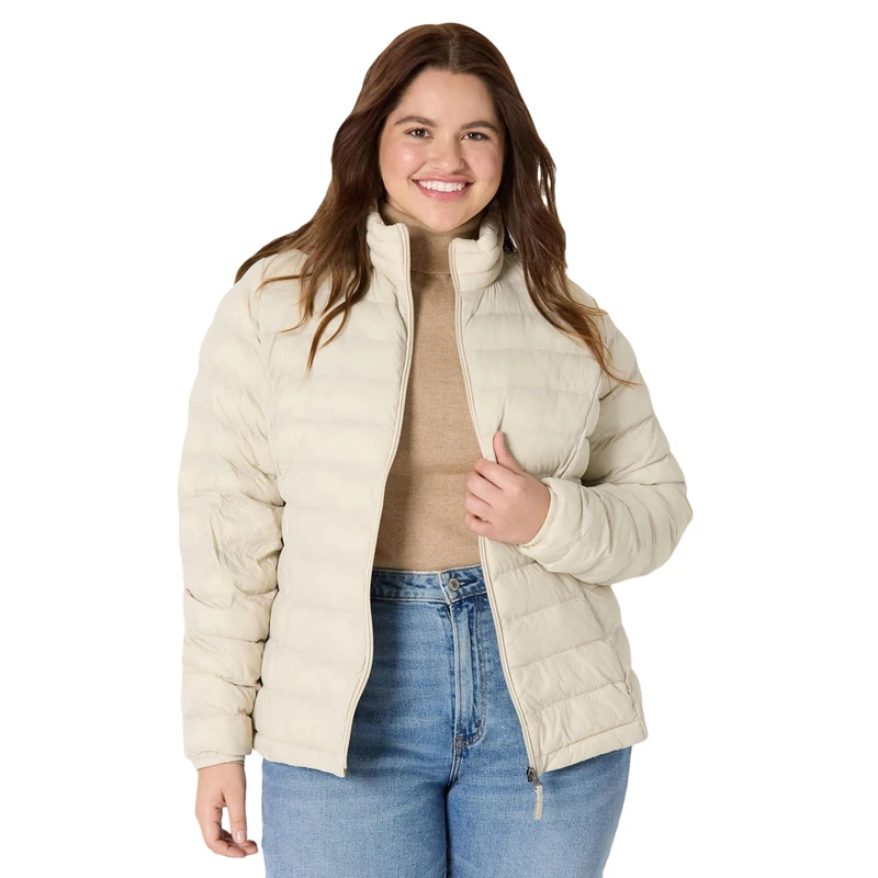 Amazon Essentials Women's Lightweight long-sleeved, water-resistant, packable puffer jacket (available in plus size), Stone, M