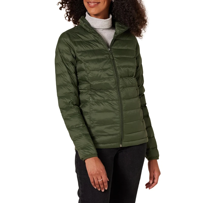 Amazon Essentials Women's Lightweight long-sleeved, water-resistant, packable puffer jacket (available in plus size), Dark Olive, M