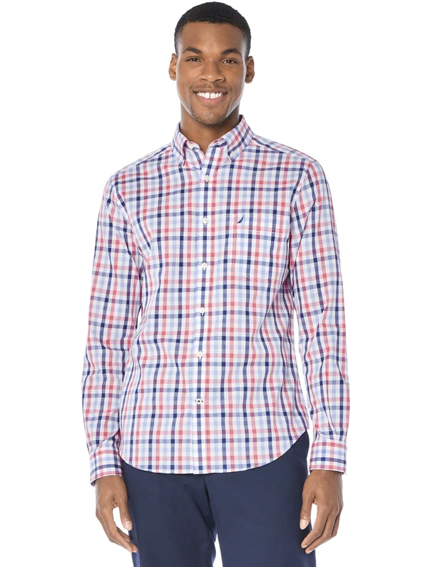 Nautica Men's Wrinkle Resistant Long Sleeve Button Front Shirt, Dreamy Coral, Medium - Image 1