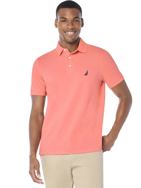 Nautica Men's Short Sleeve Solid Stretch Cotton Pique Polo Shirt, Pale Coral, Medium