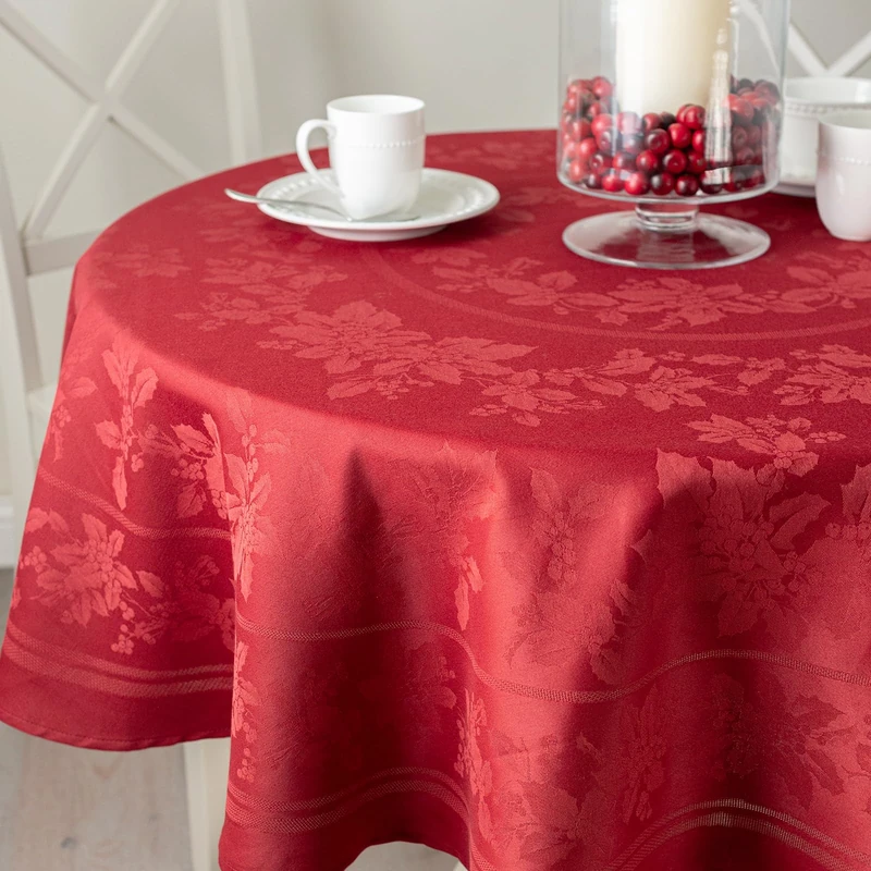 Benson Mills Holiday Elegance Heavyweight Engineered Jacquard Fabric Table Cloth, Holiday, Winter and Christmas Tablecloth (Dark Red, 70" Round)