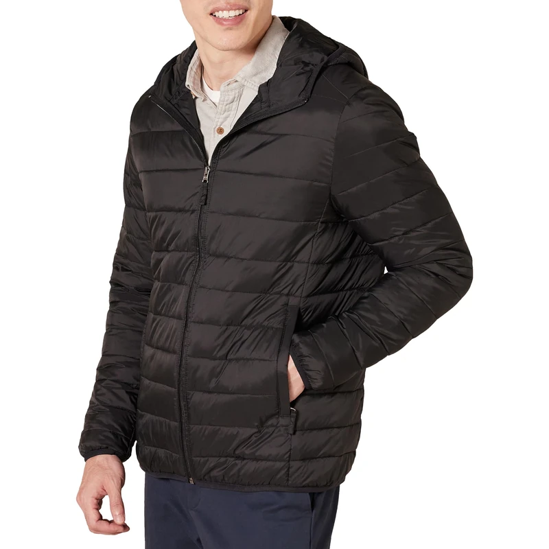Amazon Essentials Men's Lightweight Water-Resistant Packable Hooded Puffer Jacket, Black, S