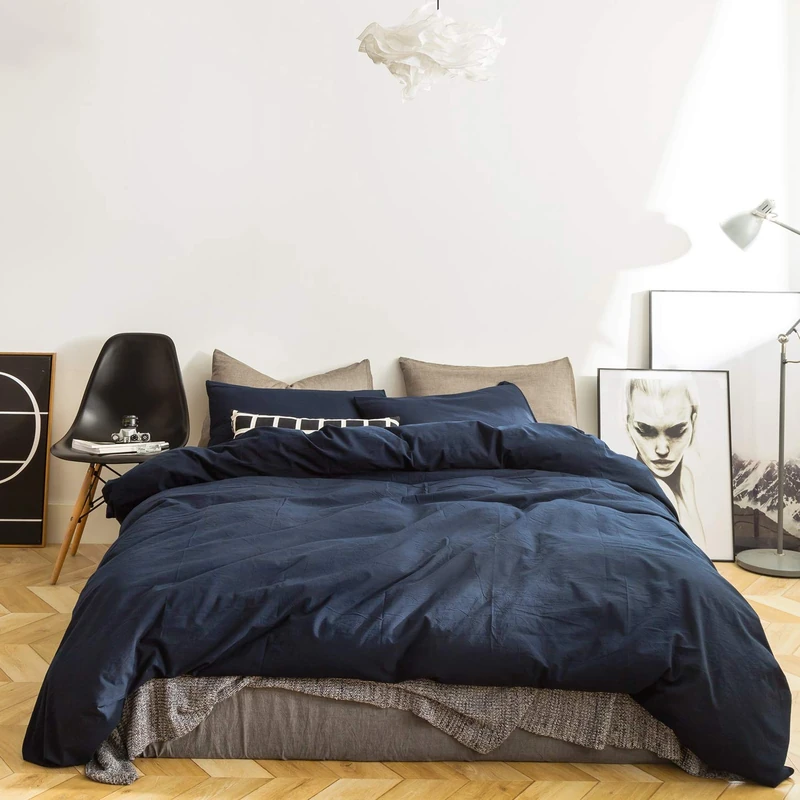 SUSYBAO 100% Washed Cotton Navy Duvet Cover King Navy Blue Duvet Cover 3 Pieces Set 1 Vintage Dark Blue Duvet Cover with Zipper Ties 2 Pillowcases Soft Farmhouse Midnight Blue Bedding Set Comfy