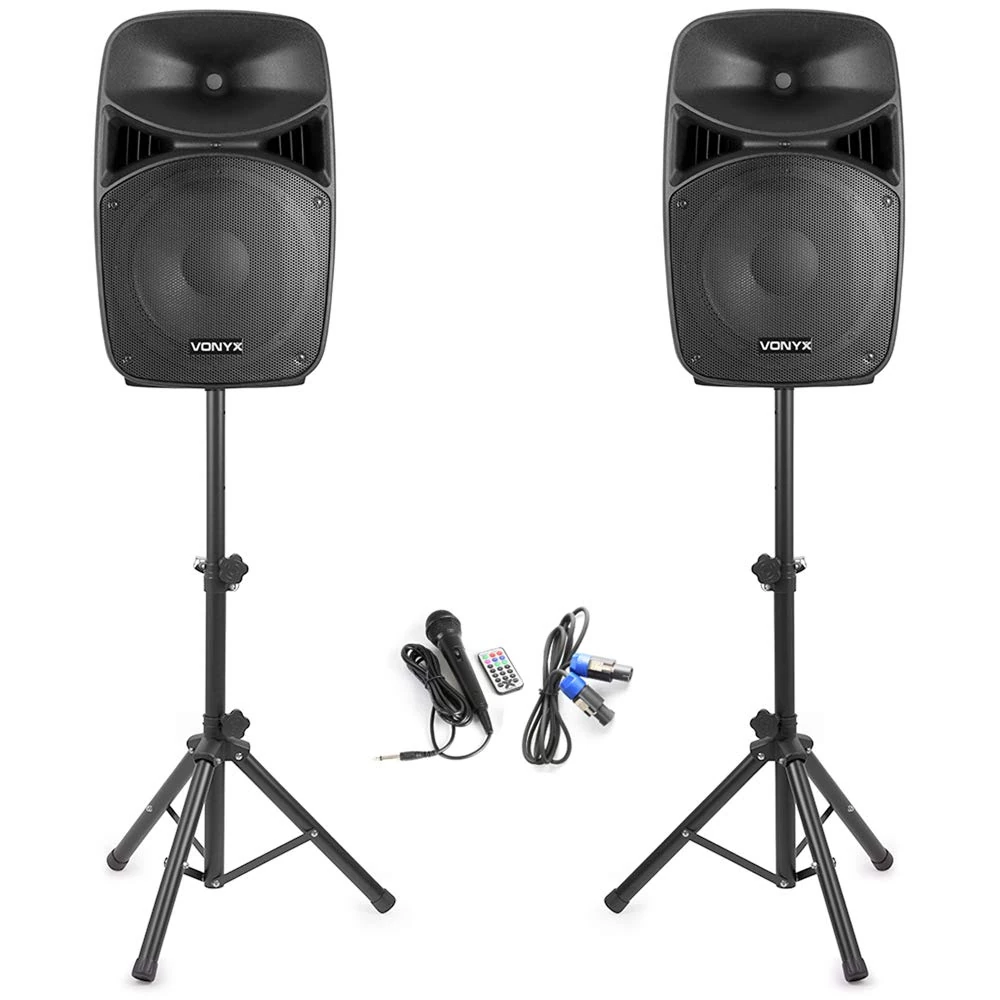 Vonyx VPS152A 15-Inch Active Party Speaker System with Bluetooth, Speaker Stands, Wired Microphone & LED Lights – Complete DJ PA System for Karaoke, Events, Parties & Stage Performance