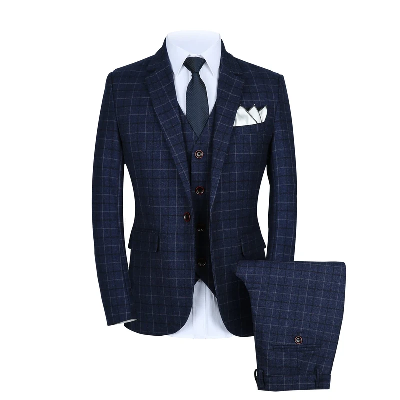 MOGU Mens 3-Piece Slim Fit Plaid Suit - Blazer, Vest, and Pants Set for Wedding, Prom, and Business, Blue, 38