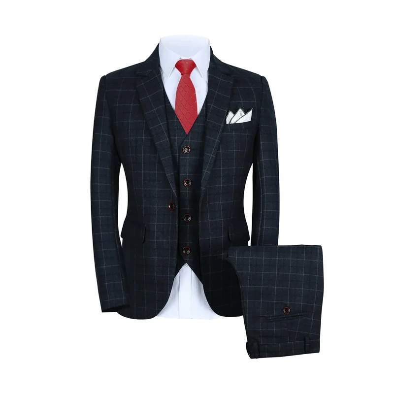 MOGU Mens 3 Piece Slim Fit Plaid Suit Blazer+Vest+Pants, Gray, 38