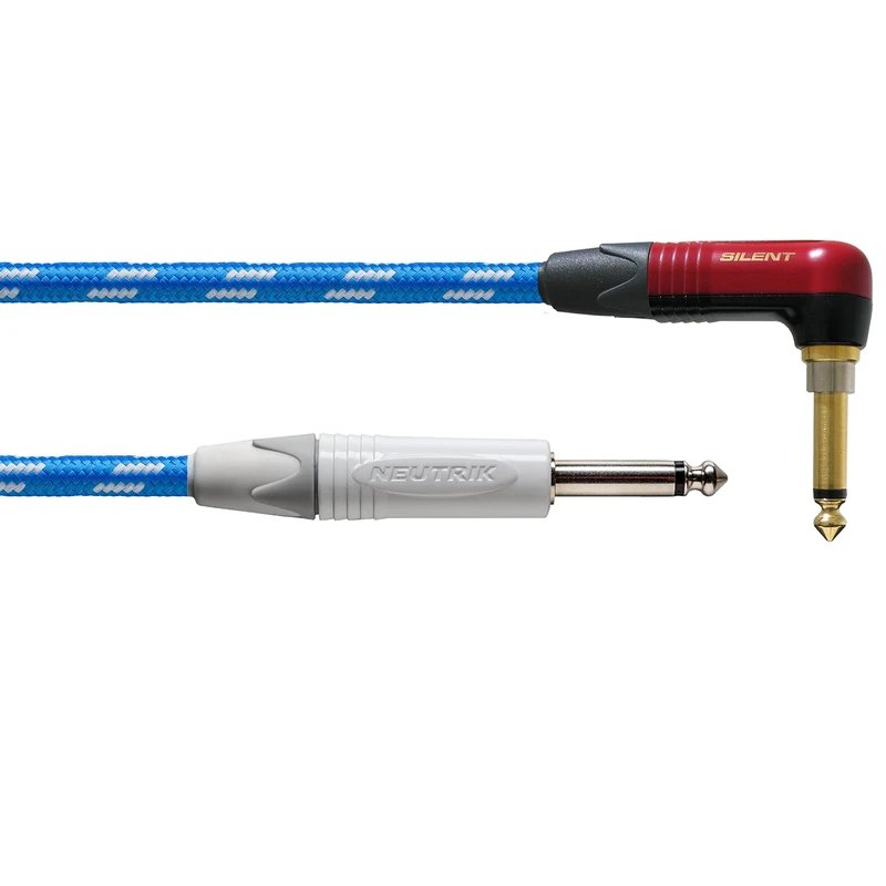 CORDIAL - CXI3RP-SKY-SILENT - Guitar Cable Silent Jack Angled Tweed Blue 3 m, NEUTRIK 6.35 mm Plug with Silent Angled - Textile Sheath White/Blue, Peak