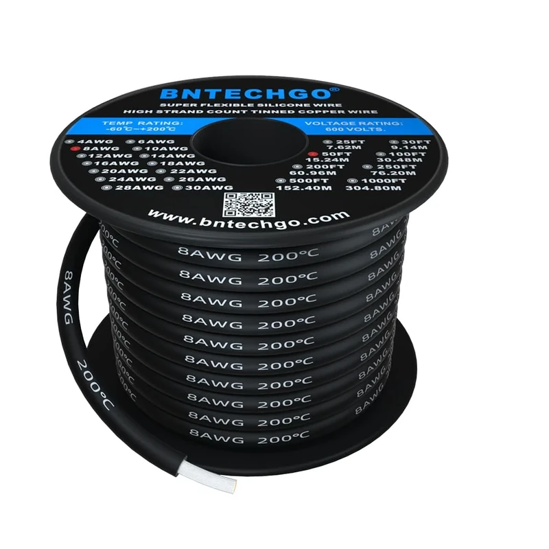 BNTECHGO 8 Gauge Silicone Wire Spool Black 50 ft Ultra Flexible High Temp 200 deg C 600V 8 AWG Silicone Rubber Wire 1650 Strands of Tinned Copper Wire Stranded Wire for Model Low Impedance