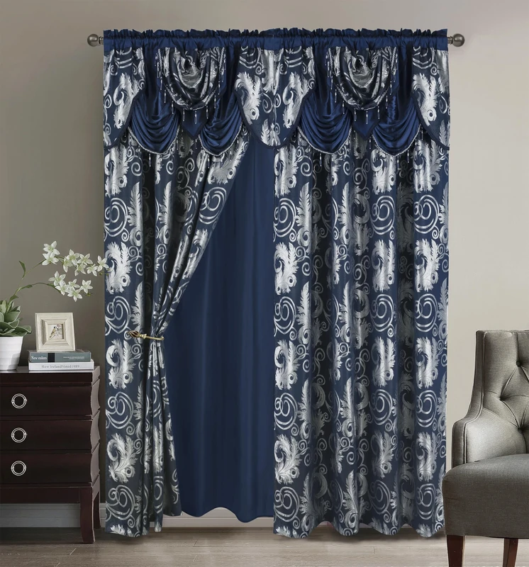 Golden Rugs Jacquard Luxury Window Panel Set Curtain with Attached Valance and Backing Bedroom Living Room Dining 110”X84” Jana Collection (Navy)