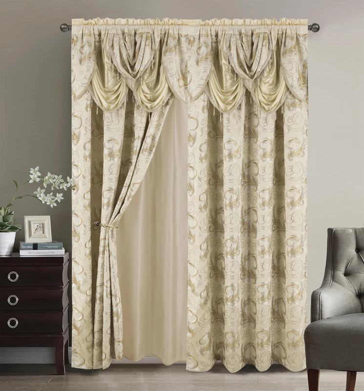 Golden Rugs Jacquard Luxury Curtain Window Panel Set Curtain with Attached Valance and Backing Bedroom Living Room Dining 112"X84" Each Jana Collection (Beige)